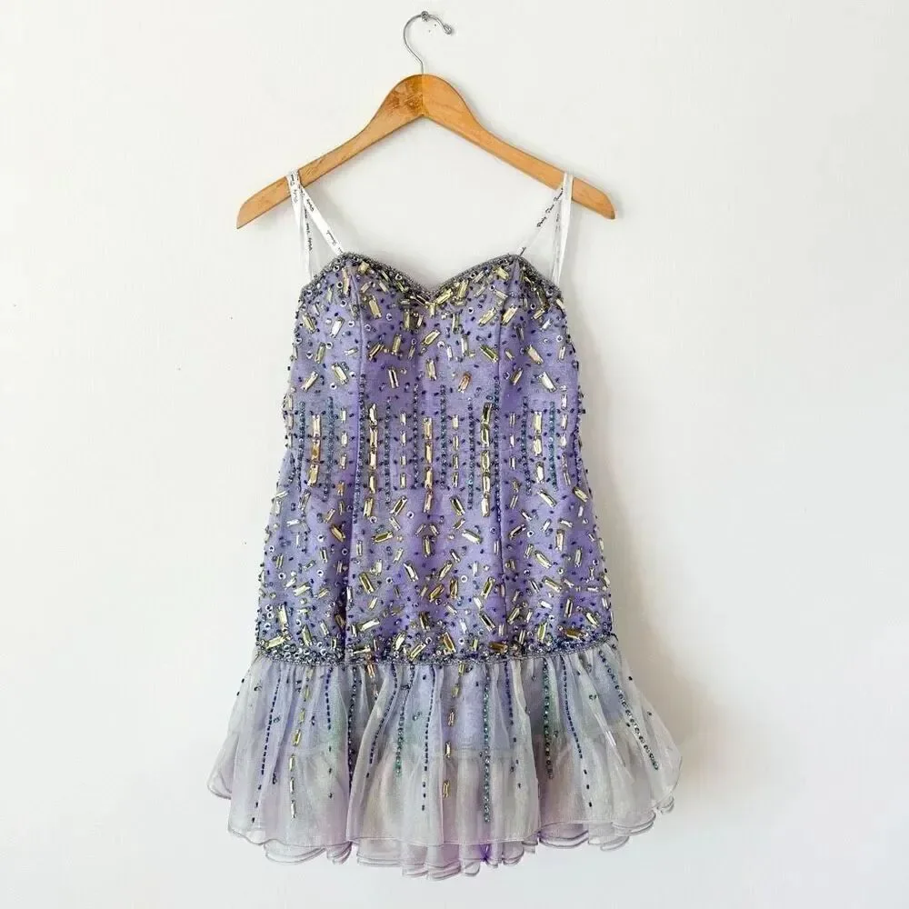 Party Time Formals Women’s Purple Iridescent All over Beaded Bodice Tulle Mini D
